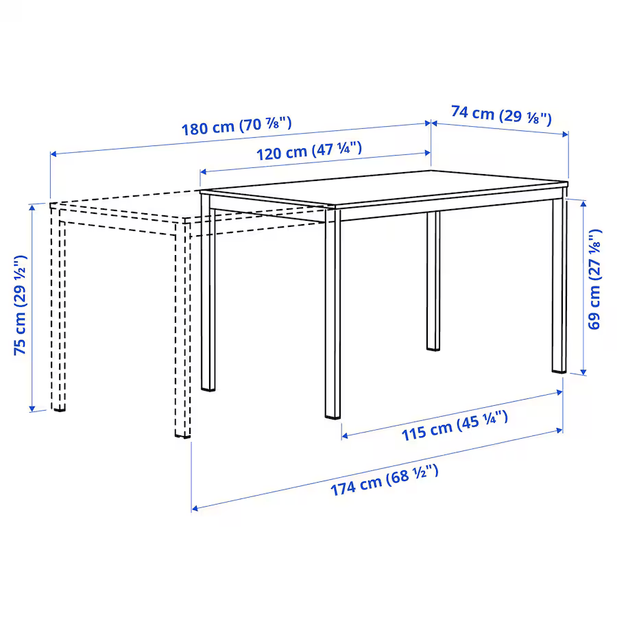 VIHALS Extendable table, white, 120/180x74 cm