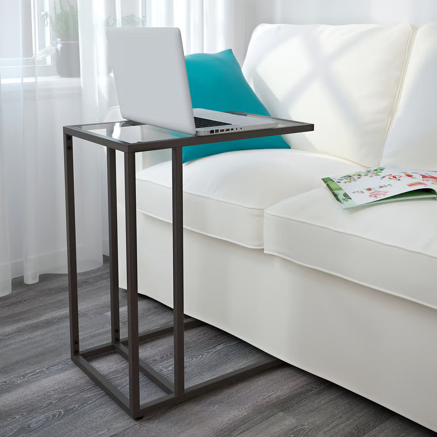 VITTSJÖ Laptop stand, black-brown/glass, 35x65 cm